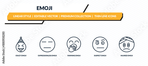 emoji icons set - crazy emoji, expressionless emoji, yawning suspect injured outline vector collection.
