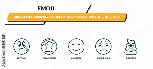 emoji icons set - cry emoji, headache emoji, calm pensive poo outline vector collection.