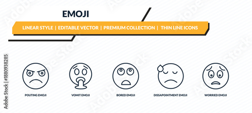 emoji icons set - pouting emoji, vomit emoji, bored dissapointment worried outline vector collection.