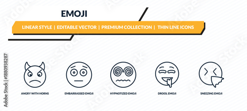 emoji icons set - angry with horns emoji, embarrassed emoji, hypnotized drool sneezing outline vector collection.