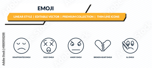 emoji icons set - disappointed emoji, dizzy emoji, angry broken heart ill outline vector collection.