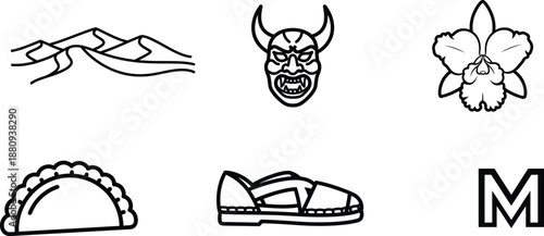 black and white line drawings of various objects including mountains japanese mask flower empanada shoe and letter