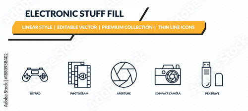 electronic stuff fill icons set - joypad, photogram, aperture, compact camera, pen drive outline vector collection.