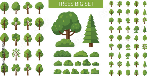Flat Design Tree Big Set, Collection of Green Forest Plants and Shrub Icons, Nature Vector Elements for Landscape, Environment, Park
