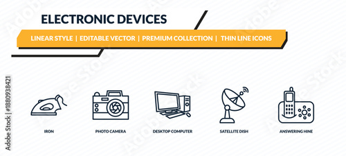 electronic devices icons set - iron, photo camera, desktop computer, satellite dish, answering hine outline vector collection.