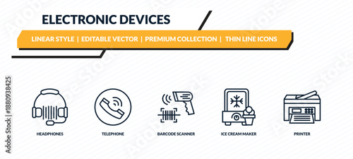 electronic devices icons set - headphones, telephone, barcode scanner, ice cream maker, printer outline vector collection.