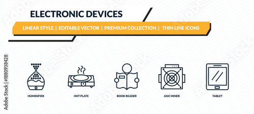 electronic devices icons set - humidifier, hot plate, book reader, asic miner, tablet outline vector collection.
