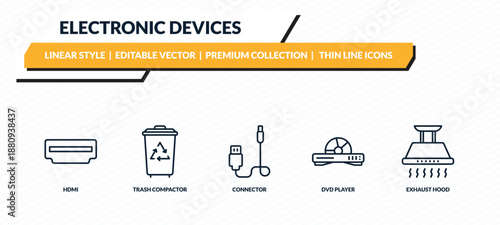 electronic devices icons set - hdmi, trash compactor, connector, dvd player, exhaust hood outline vector collection.