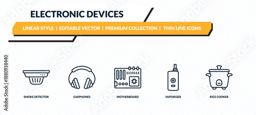 electronic devices icons set - smoke detector, earphones, motherboard, vaporizer, rice cooker outline vector collection.