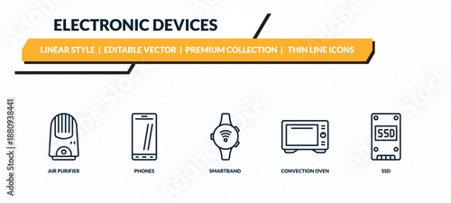 electronic devices icons set - air purifier, phones, smartband, convection oven, ssd outline vector collection.