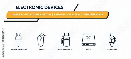 electronic devices icons set - usb wireless adapter, mouse, garbage disposal, drive, smartwatch outline vector collection.