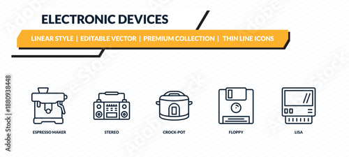electronic devices icons set - espresso maker, stereo, crock-pot, floppy, lisa outline vector collection.