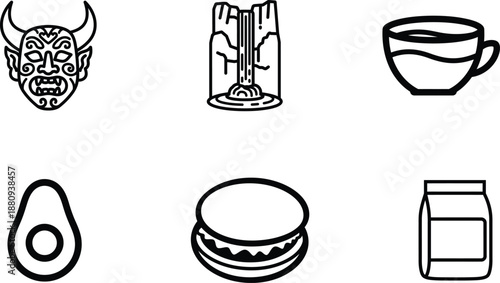 Black line icons of food and drink items with devil face