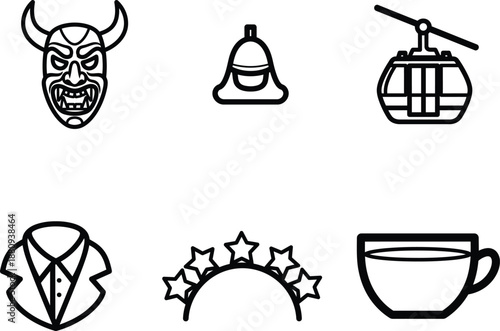 Collection of various line icons including a devil mask a bell a cable car a shirt a tiara and a cup