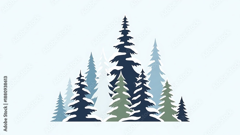 Fototapeta premium Snowy evergreen forest landscape with colorful trees in winter wonderland scene