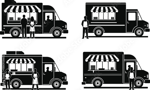 Food truck silhouette set, street restaurant van with awning, mobile cafe vendor icons, black vector illustration, isolated design