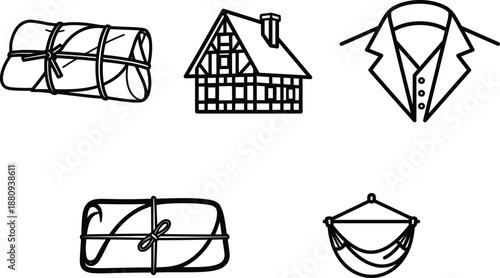 line drawing of a house and clothing with wrapped items