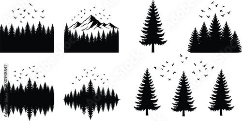 Pine Forest Mountain Silhouettes, Collection of Evergreen Tree Landscapes with Birds for Nature, Wilderness, Camping, and Outdoor Adventure Design Elements