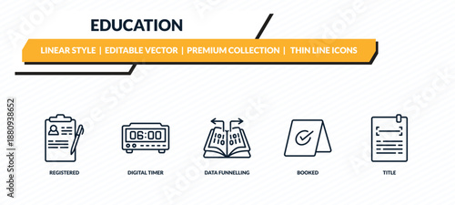 education icons set - registered, digital timer, data funnelling, booked, title outline vector collection.