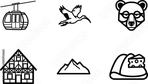 line drawing of various travel and nature icons including a cabin a bear and a bird in flight