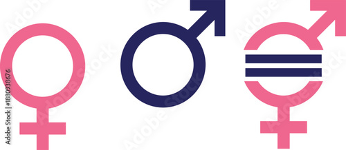 Gender symbols representing male, female, and non-binary identities in pink and blue on white background, promoting inclusivity, diversity, and equality illustration