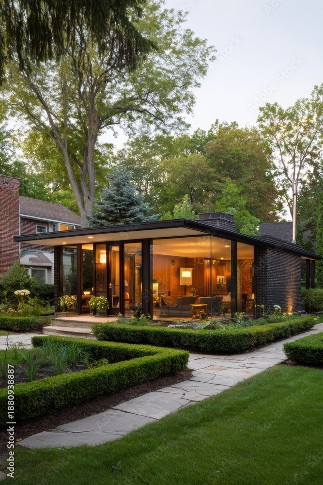 Obraz premium A contemporary house is nestled within a beautifully landscaped garden, bathed in the warm glow of early evening light that reflects off its glass windows