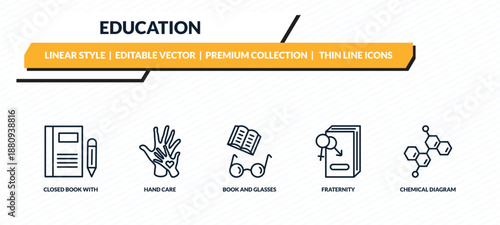 education icons set - closed book with marker, hand care, book and glasses, fraternity, chemical diagram outline vector collection.
