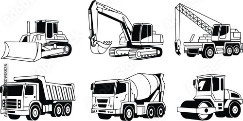 Construction vehicles icon set, bulldozer excavator crane dump truck concrete mixer road roller, heavy machinery vector illustration collection