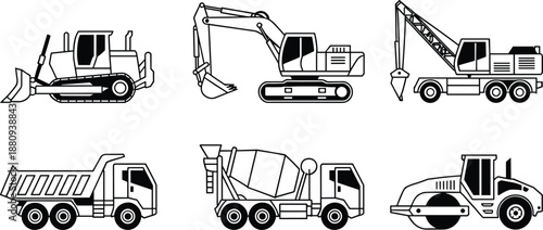 Construction vehicles icon set, bulldozer excavator crane dump truck concrete mixer road roller, heavy equipment vector illustration, black outline collection