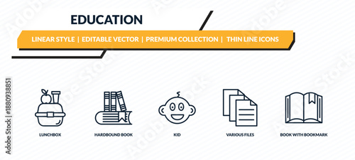 education icons set - lunchbox, hardbound book, kid, various files, book with bookmark outline vector collection.