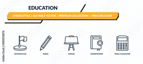 education icons set - location flag, pencil, canvas, favorite book, small calculator outline vector collection.