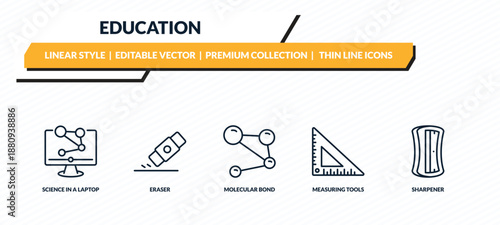 education icons set - science in a laptop, eraser, molecular bond, measuring tools, sharpener outline vector collection.