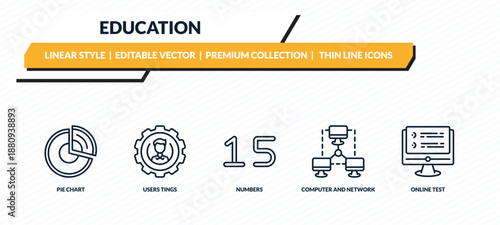 education icons set - pie chart, users tings, numbers, computer and network, online test outline vector collection.