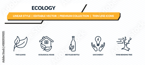 ecology icons set - two leaves, ecological house, recycled bottle, save energy, wind bending tree outline vector collection.