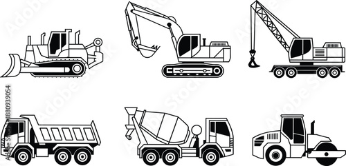 Construction vehicles vector set, bulldozer excavator crane dump truck concrete mixer road roller, heavy equipment icons, industrial machinery illustration