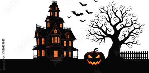 Spooky Halloween haunted house silhouette featuring glowing windows, creepy dead tree, bats, flying pumpkin, and fence for holiday party background.