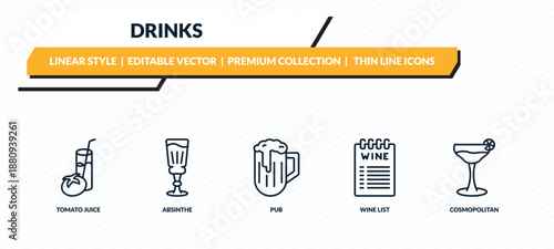 drinks icons set - tomato juice, absinthe, pub, wine list, cosmopolitan outline vector collection.