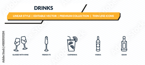 drinks icons set - glasses with wine, french 75, caipirinha, vodka, grain outline vector collection.