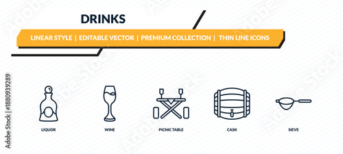 drinks icons set - liquor, wine, picnic table, cask, sieve outline vector collection.