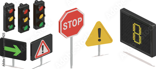 3D, isometric, illustration, of, traffic, signals, and, road, signs, featuring, stop, sign, traffic, lights, warning, triangle, digital, display, and, safety, icons.