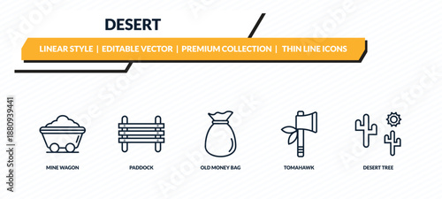 desert icons set - mine wagon, paddock, old money bag, tomahawk, desert tree outline vector collection.
