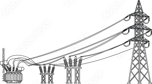 High voltage power transmission tower and electrical substation transformer outline illustration for energy industry utility supply and power grid infrastructure