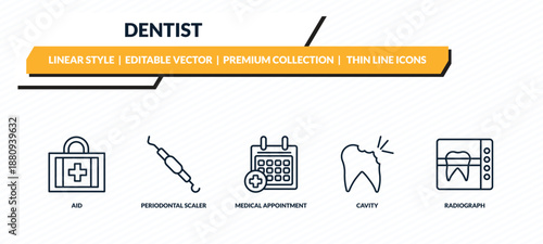dentist icons set - aid, periodontal scaler, medical appointment, cavity, radiograph outline vector collection.