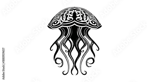 Stylized black and white jellyfish vector illustration with intricate tribal ornamental design