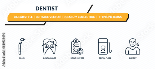dentist icons set - filler, dental house, health report, dental floss, sick boy outline vector collection.
