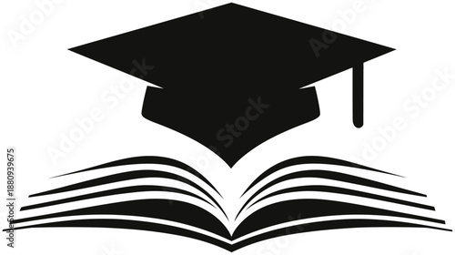 Black graduation cap (mortarboard) on an open book icon, symbolizing education, academic achievement, knowledge, and learning success.