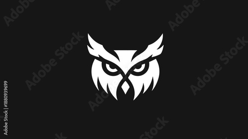 Modern Abstract Owl Head Logo Design in White on Black Background, Minimalist Geometric Bird Symbol Vector Icon Illustration.