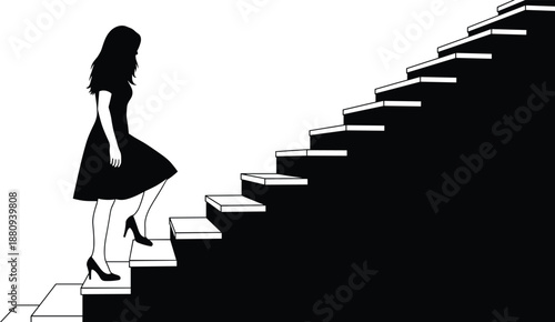 Black and white silhouette illustration of a woman in a dress and high heels walking up stairs on white background,