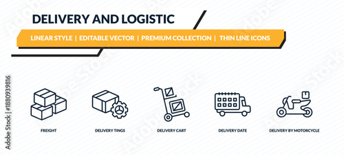 delivery and logistic icons set - freight, delivery tings, delivery cart, date, by motorcycle outline vector collection.