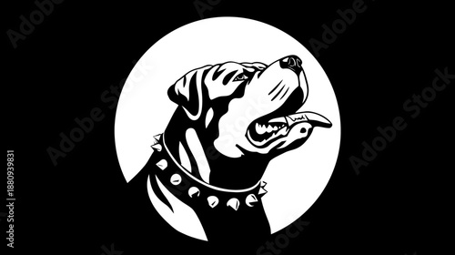 Powerful canine head vector illustration with spiked collar, an aggressive mascot concept in black and white graphic design